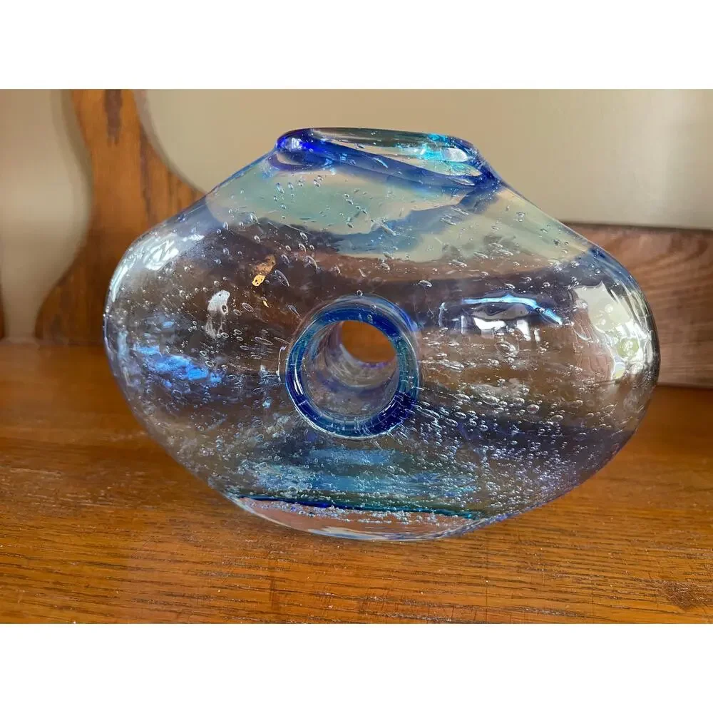 Italian Art Glass Vase with Donut Hole Blue Ribbon Swirls Hand Blown 7